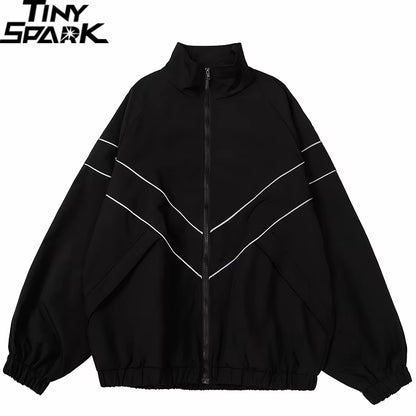 Men Hip Hop Streetwear Reflective Striped Jacket Coat Zipper up Jacket Windbreaker Harajuku Thin Jacket Sports Black Blue