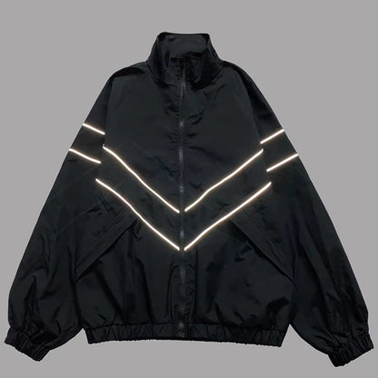 Men Hip Hop Streetwear Reflective Striped Jacket Coat Zipper up Jacket Windbreaker Harajuku Thin Jacket Sports Black Blue